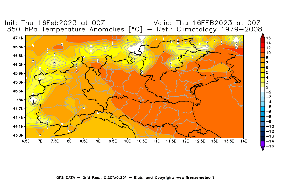 Mappa di analisi GFS - Anomalia Temperatura [°C] a 850 hPa in Nord-Italia
							del 16/02/2023 00 <!--googleoff: index-->UTC<!--googleon: index-->