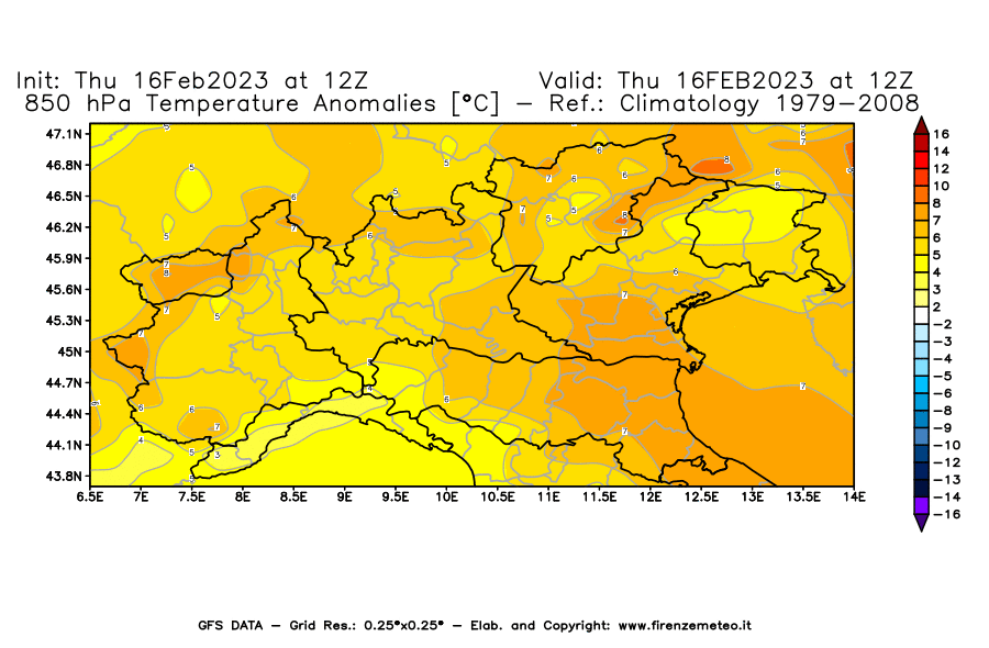 Mappa di analisi GFS - Anomalia Temperatura [°C] a 850 hPa in Nord-Italia
							del 16/02/2023 12 <!--googleoff: index-->UTC<!--googleon: index-->