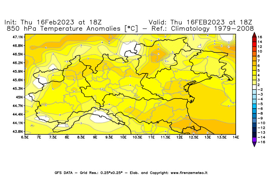 Mappa di analisi GFS - Anomalia Temperatura [°C] a 850 hPa in Nord-Italia
							del 16/02/2023 18 <!--googleoff: index-->UTC<!--googleon: index-->