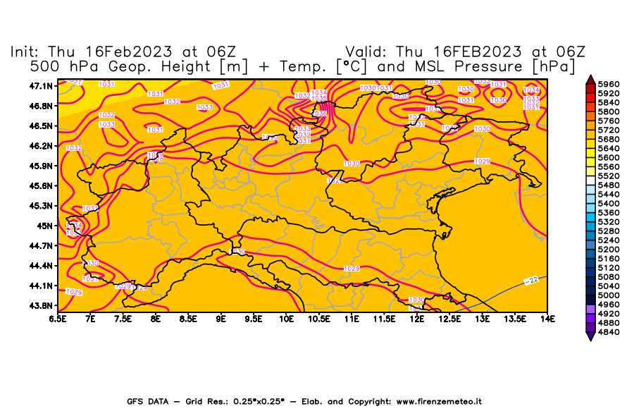 Mappa di analisi GFS - Geopotenziale [m] + Temp. [°C] a 500 hPa + Press. a livello del mare [hPa] in Nord-Italia
							del 16/02/2023 06 <!--googleoff: index-->UTC<!--googleon: index-->