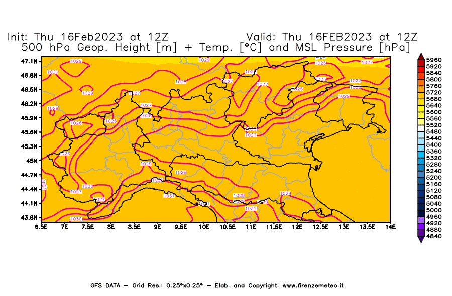 Mappa di analisi GFS - Geopotenziale [m] + Temp. [°C] a 500 hPa + Press. a livello del mare [hPa] in Nord-Italia
							del 16/02/2023 12 <!--googleoff: index-->UTC<!--googleon: index-->