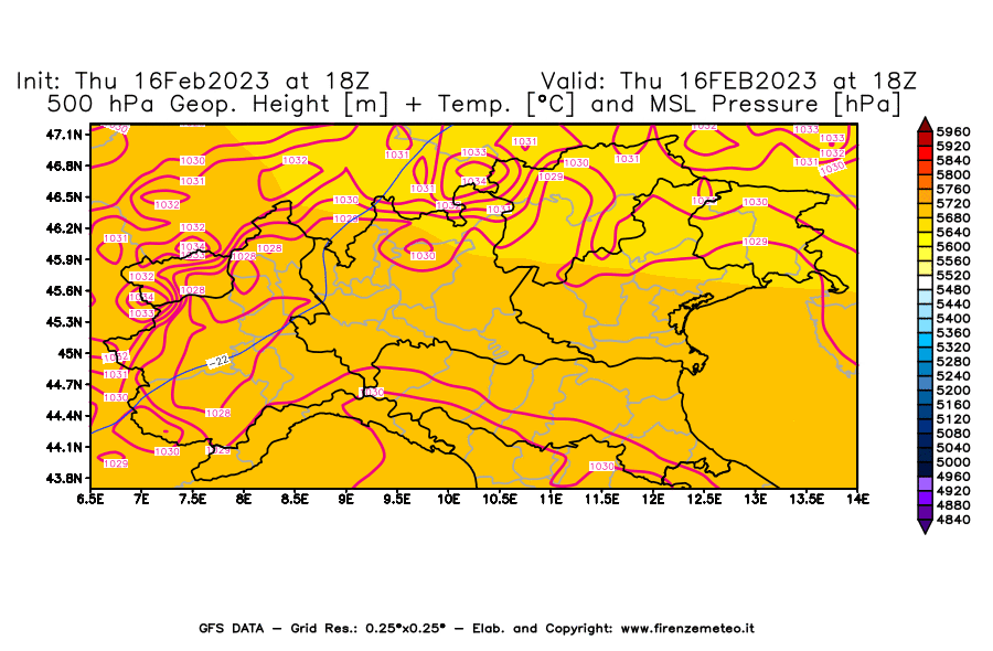 Mappa di analisi GFS - Geopotenziale [m] + Temp. [°C] a 500 hPa + Press. a livello del mare [hPa] in Nord-Italia
							del 16/02/2023 18 <!--googleoff: index-->UTC<!--googleon: index-->