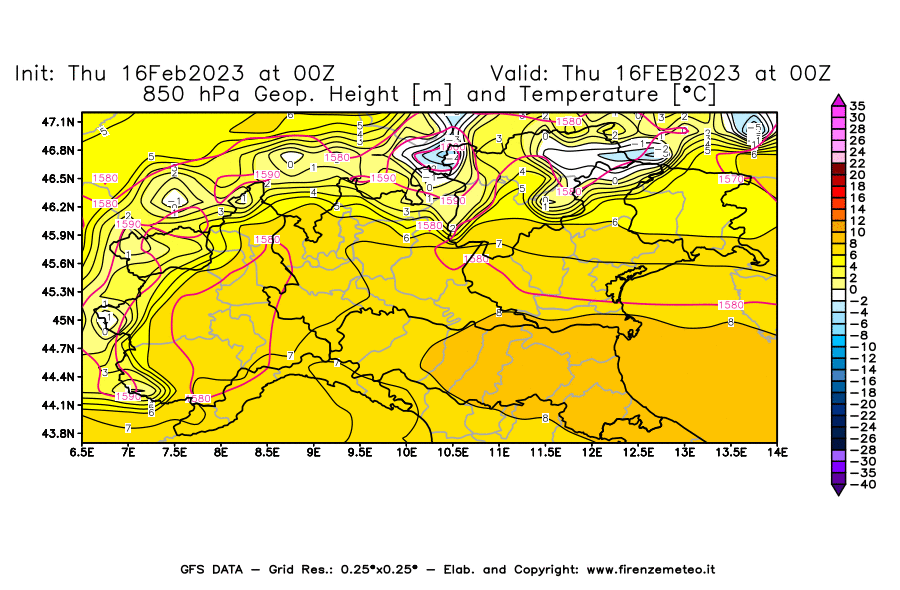 Mappa di analisi GFS - Geopotenziale [m] e Temperatura [°C] a 850 hPa in Nord-Italia
							del 16/02/2023 00 <!--googleoff: index-->UTC<!--googleon: index-->