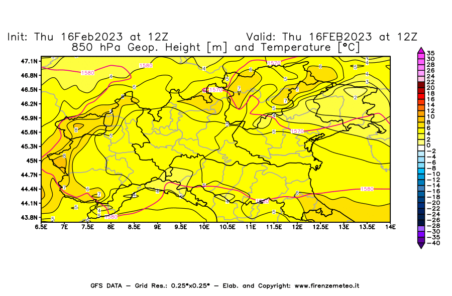 Mappa di analisi GFS - Geopotenziale [m] e Temperatura [°C] a 850 hPa in Nord-Italia
							del 16/02/2023 12 <!--googleoff: index-->UTC<!--googleon: index-->