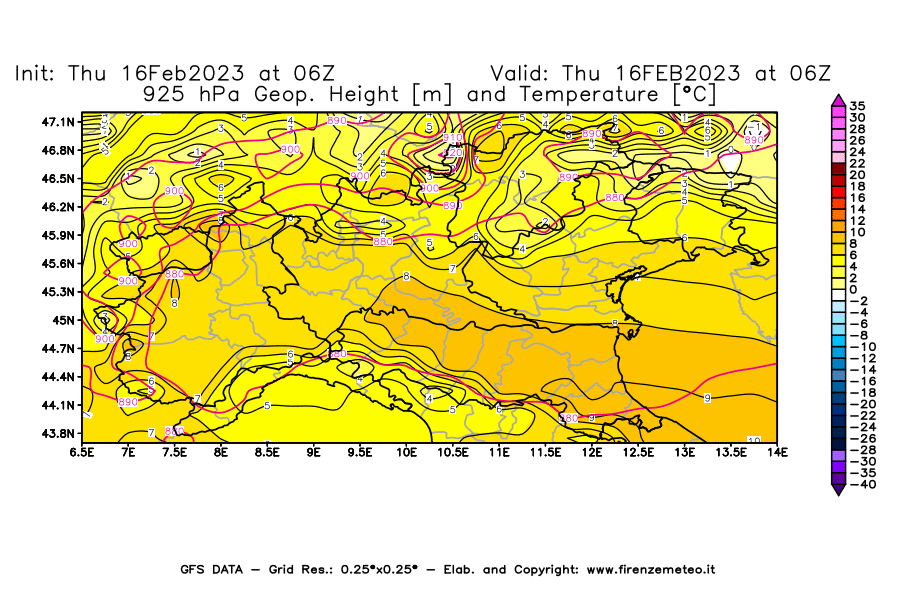 Mappa di analisi GFS - Geopotenziale [m] e Temperatura [°C] a 925 hPa in Nord-Italia
							del 16/02/2023 06 <!--googleoff: index-->UTC<!--googleon: index-->