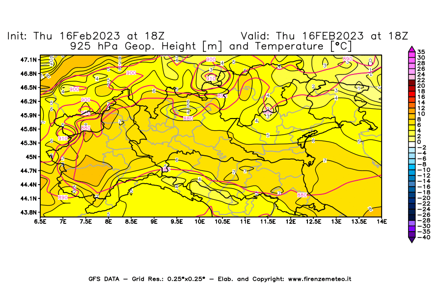 Mappa di analisi GFS - Geopotenziale [m] e Temperatura [°C] a 925 hPa in Nord-Italia
							del 16/02/2023 18 <!--googleoff: index-->UTC<!--googleon: index-->