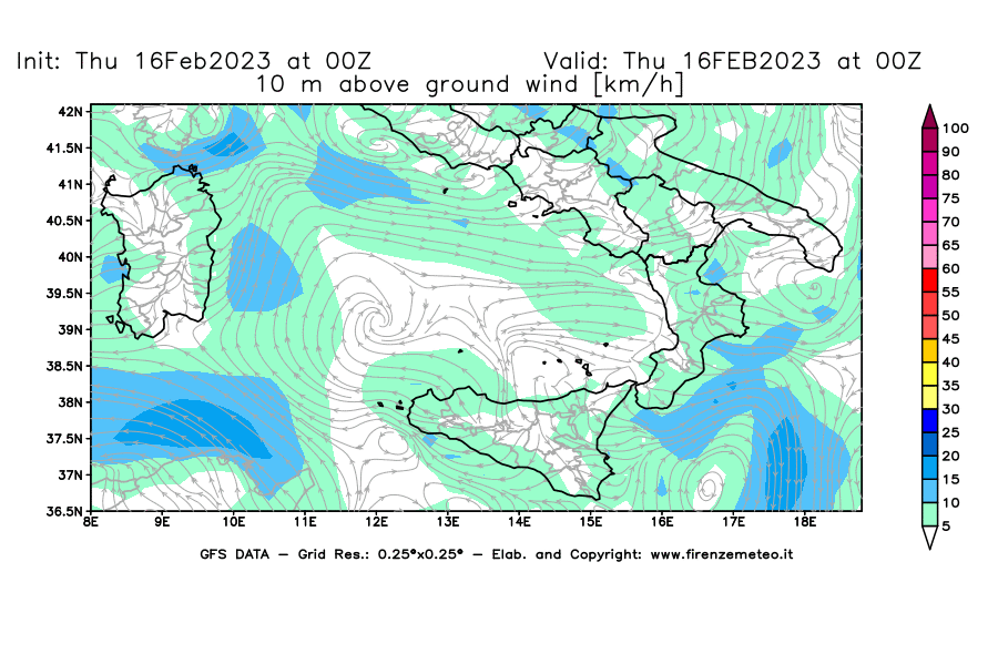 Mappa di analisi GFS - Velocità del vento a 10 metri dal suolo [km/h] in Sud-Italia
							del 16/02/2023 00 <!--googleoff: index-->UTC<!--googleon: index-->