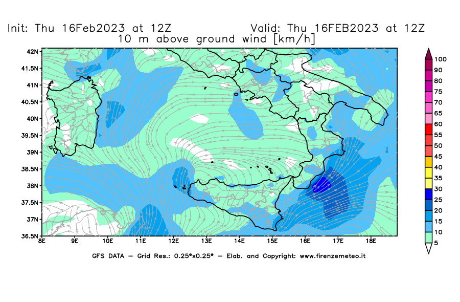 Mappa di analisi GFS - Velocità del vento a 10 metri dal suolo [km/h] in Sud-Italia
							del 16/02/2023 12 <!--googleoff: index-->UTC<!--googleon: index-->