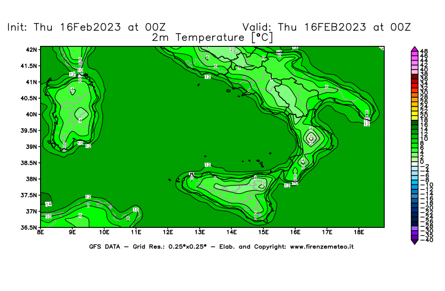 Mappa di analisi GFS - Temperatura a 2 metri dal suolo [°C] in Sud-Italia
							del 16/02/2023 00 <!--googleoff: index-->UTC<!--googleon: index-->