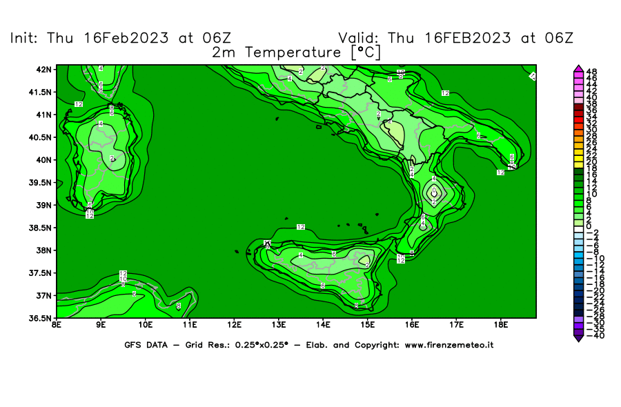Mappa di analisi GFS - Temperatura a 2 metri dal suolo [°C] in Sud-Italia
							del 16/02/2023 06 <!--googleoff: index-->UTC<!--googleon: index-->