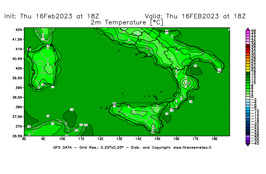 Mappa di analisi GFS - Temperatura a 2 metri dal suolo [°C] in Sud-Italia
							del 16/02/2023 18 <!--googleoff: index-->UTC<!--googleon: index-->