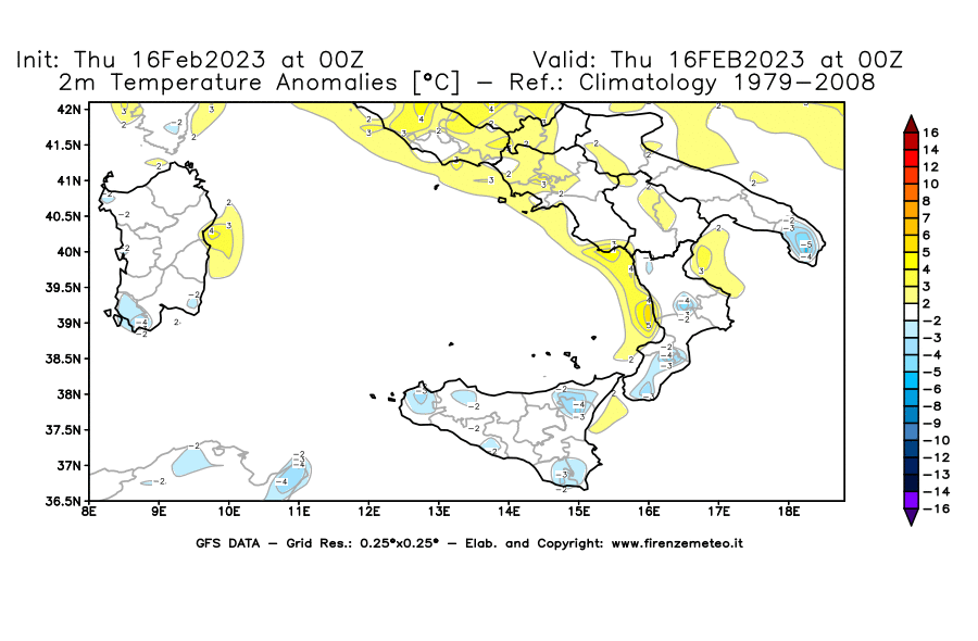 Mappa di analisi GFS - Anomalia Temperatura [°C] a 2 m in Sud-Italia
							del 16/02/2023 00 <!--googleoff: index-->UTC<!--googleon: index-->