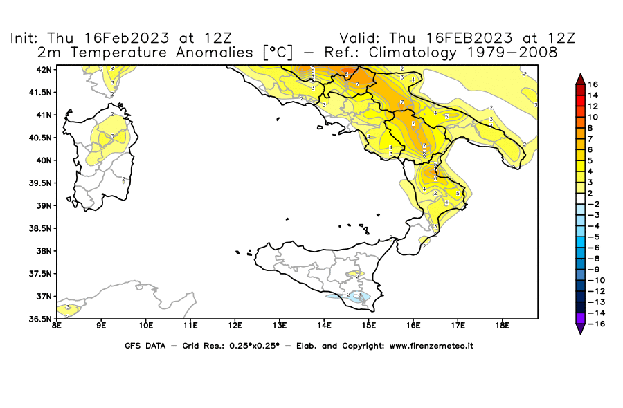 Mappa di analisi GFS - Anomalia Temperatura [°C] a 2 m in Sud-Italia
							del 16/02/2023 12 <!--googleoff: index-->UTC<!--googleon: index-->
