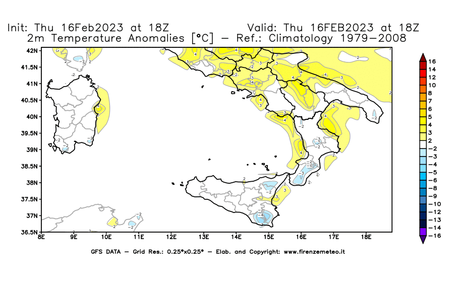 Mappa di analisi GFS - Anomalia Temperatura [°C] a 2 m in Sud-Italia
							del 16/02/2023 18 <!--googleoff: index-->UTC<!--googleon: index-->