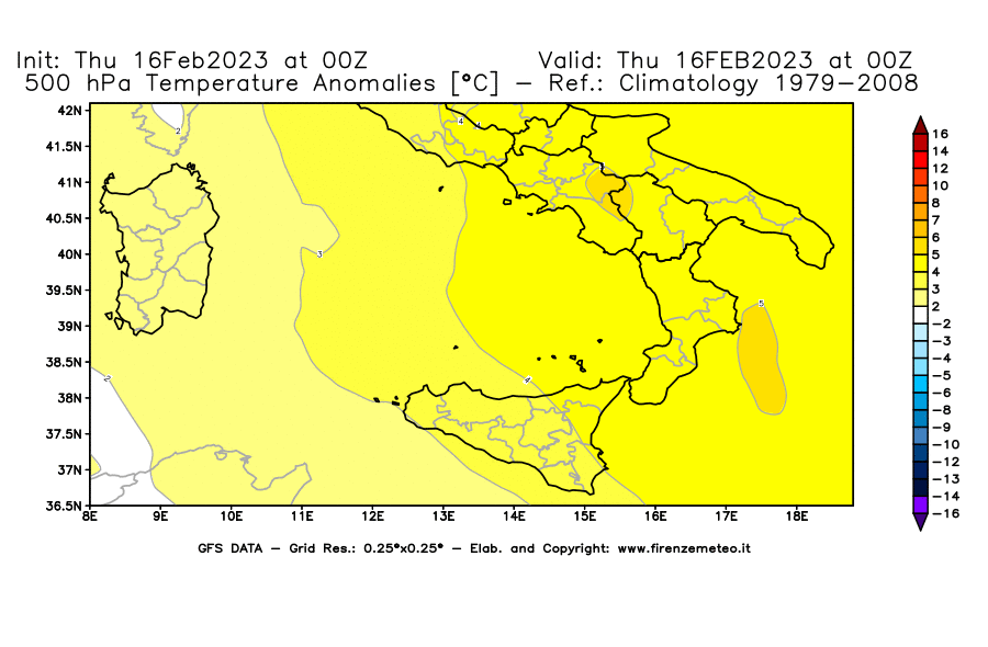 Mappa di analisi GFS - Anomalia Temperatura [°C] a 500 hPa in Sud-Italia
							del 16/02/2023 00 <!--googleoff: index-->UTC<!--googleon: index-->