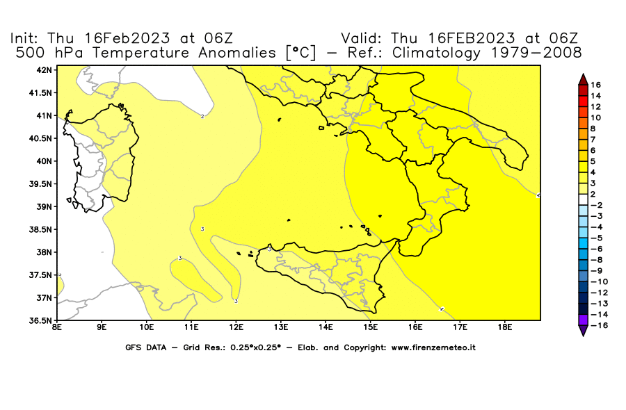Mappa di analisi GFS - Anomalia Temperatura [°C] a 500 hPa in Sud-Italia
							del 16/02/2023 06 <!--googleoff: index-->UTC<!--googleon: index-->