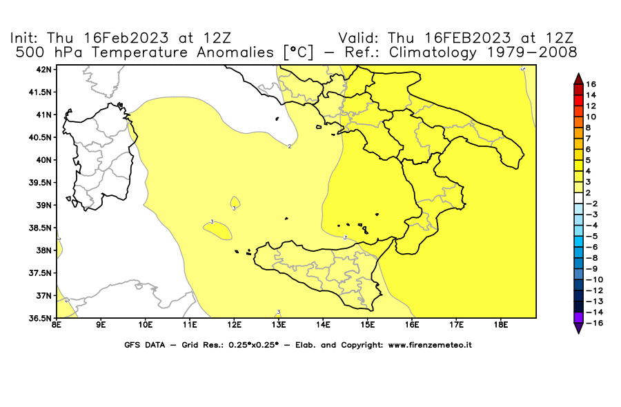 Mappa di analisi GFS - Anomalia Temperatura [°C] a 500 hPa in Sud-Italia
							del 16/02/2023 12 <!--googleoff: index-->UTC<!--googleon: index-->