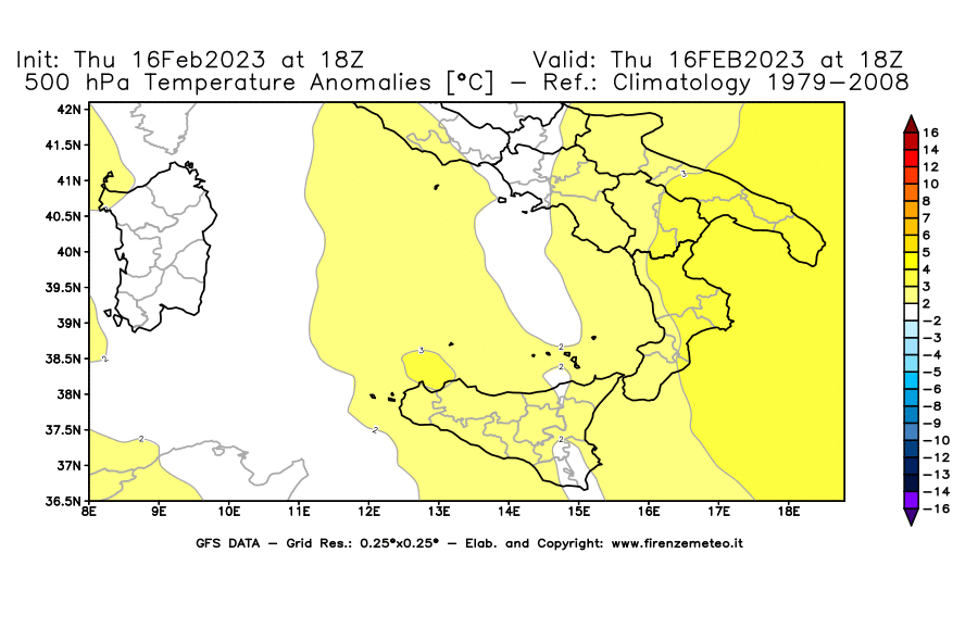 Mappa di analisi GFS - Anomalia Temperatura [°C] a 500 hPa in Sud-Italia
							del 16/02/2023 18 <!--googleoff: index-->UTC<!--googleon: index-->