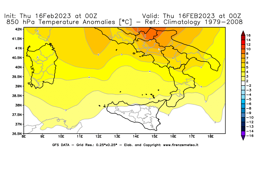 Mappa di analisi GFS - Anomalia Temperatura [°C] a 850 hPa in Sud-Italia
							del 16/02/2023 00 <!--googleoff: index-->UTC<!--googleon: index-->
