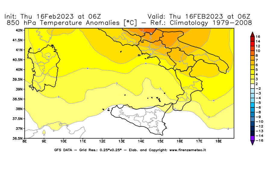 Mappa di analisi GFS - Anomalia Temperatura [°C] a 850 hPa in Sud-Italia
							del 16/02/2023 06 <!--googleoff: index-->UTC<!--googleon: index-->