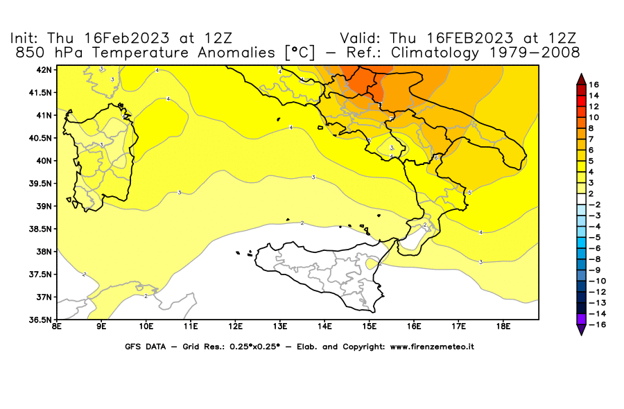 Mappa di analisi GFS - Anomalia Temperatura [°C] a 850 hPa in Sud-Italia
							del 16/02/2023 12 <!--googleoff: index-->UTC<!--googleon: index-->