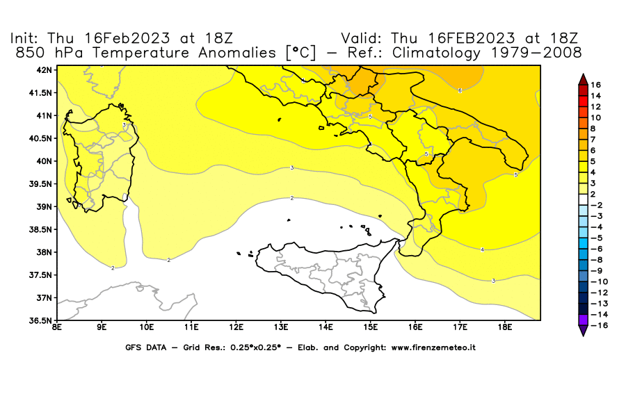Mappa di analisi GFS - Anomalia Temperatura [°C] a 850 hPa in Sud-Italia
							del 16/02/2023 18 <!--googleoff: index-->UTC<!--googleon: index-->