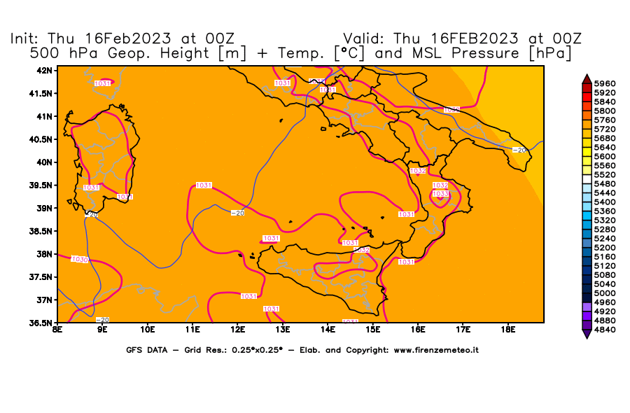Mappa di analisi GFS - Geopotenziale [m] + Temp. [°C] a 500 hPa + Press. a livello del mare [hPa] in Sud-Italia
							del 16/02/2023 00 <!--googleoff: index-->UTC<!--googleon: index-->