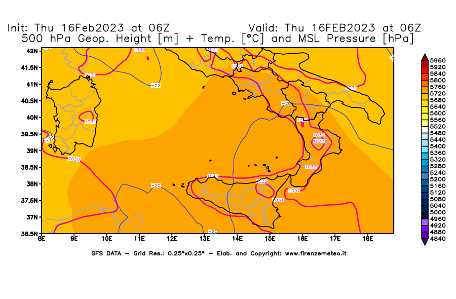 Mappa di analisi GFS - Geopotenziale [m] + Temp. [°C] a 500 hPa + Press. a livello del mare [hPa] in Sud-Italia
							del 16/02/2023 06 <!--googleoff: index-->UTC<!--googleon: index-->