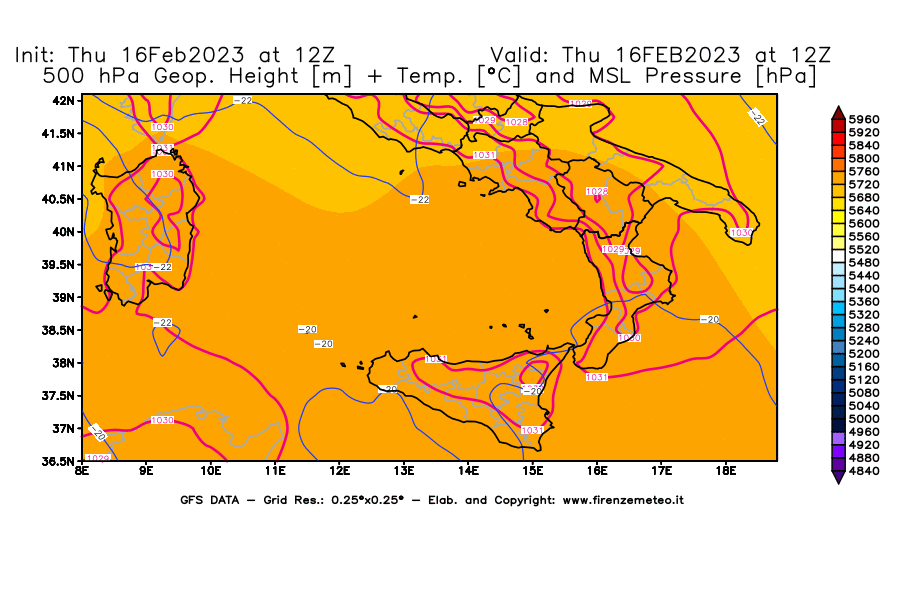 Mappa di analisi GFS - Geopotenziale [m] + Temp. [°C] a 500 hPa + Press. a livello del mare [hPa] in Sud-Italia
							del 16/02/2023 12 <!--googleoff: index-->UTC<!--googleon: index-->