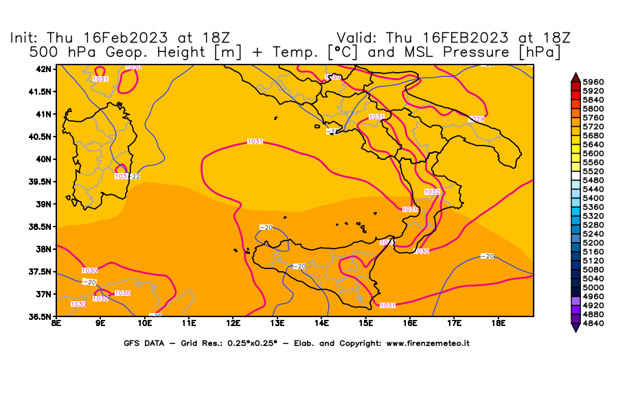 Mappa di analisi GFS - Geopotenziale [m] + Temp. [°C] a 500 hPa + Press. a livello del mare [hPa] in Sud-Italia
							del 16/02/2023 18 <!--googleoff: index-->UTC<!--googleon: index-->