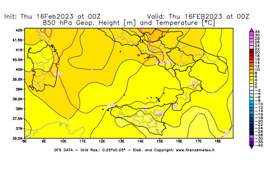 Mappa di analisi GFS - Geopotenziale [m] e Temperatura [°C] a 850 hPa in Sud-Italia
							del 16/02/2023 00 <!--googleoff: index-->UTC<!--googleon: index-->