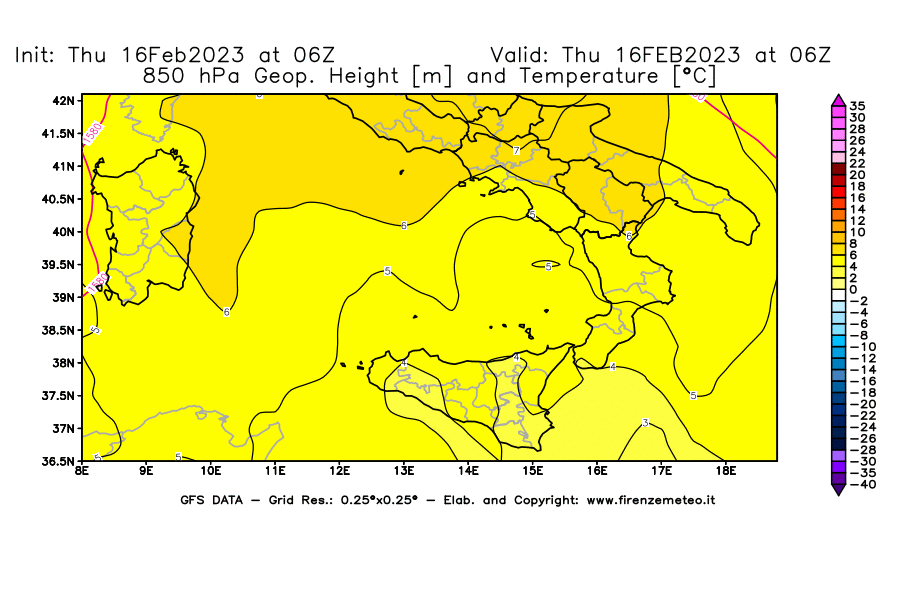Mappa di analisi GFS - Geopotenziale [m] e Temperatura [°C] a 850 hPa in Sud-Italia
							del 16/02/2023 06 <!--googleoff: index-->UTC<!--googleon: index-->