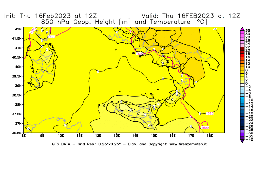 Mappa di analisi GFS - Geopotenziale [m] e Temperatura [°C] a 850 hPa in Sud-Italia
							del 16/02/2023 12 <!--googleoff: index-->UTC<!--googleon: index-->