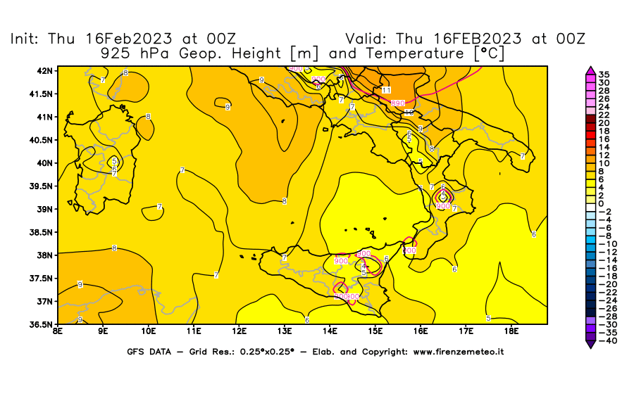 Mappa di analisi GFS - Geopotenziale [m] e Temperatura [°C] a 925 hPa in Sud-Italia
							del 16/02/2023 00 <!--googleoff: index-->UTC<!--googleon: index-->