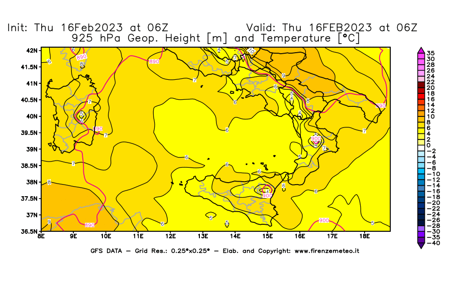 Mappa di analisi GFS - Geopotenziale [m] e Temperatura [°C] a 925 hPa in Sud-Italia
							del 16/02/2023 06 <!--googleoff: index-->UTC<!--googleon: index-->