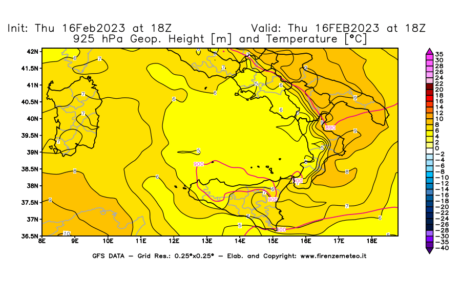 Mappa di analisi GFS - Geopotenziale [m] e Temperatura [°C] a 925 hPa in Sud-Italia
							del 16/02/2023 18 <!--googleoff: index-->UTC<!--googleon: index-->