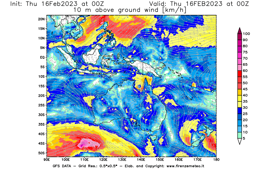 Mappa di analisi GFS - Velocità del vento a 10 metri dal suolo [km/h] in Oceania
							del 16/02/2023 00 <!--googleoff: index-->UTC<!--googleon: index-->