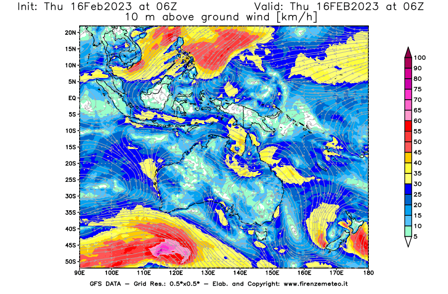 Mappa di analisi GFS - Velocità del vento a 10 metri dal suolo [km/h] in Oceania
							del 16/02/2023 06 <!--googleoff: index-->UTC<!--googleon: index-->