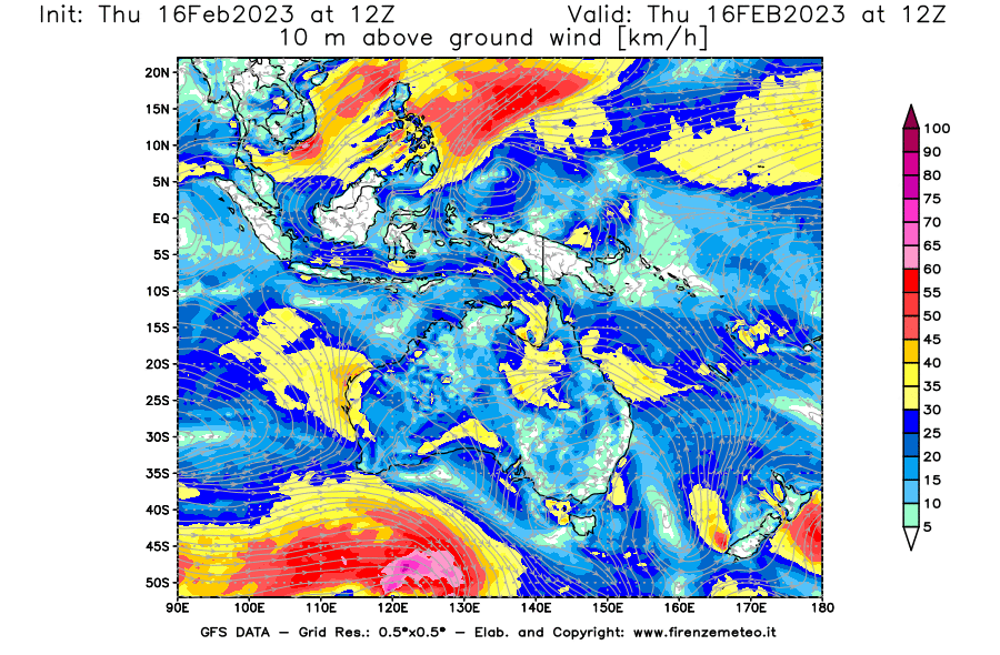 Mappa di analisi GFS - Velocità del vento a 10 metri dal suolo [km/h] in Oceania
							del 16/02/2023 12 <!--googleoff: index-->UTC<!--googleon: index-->
