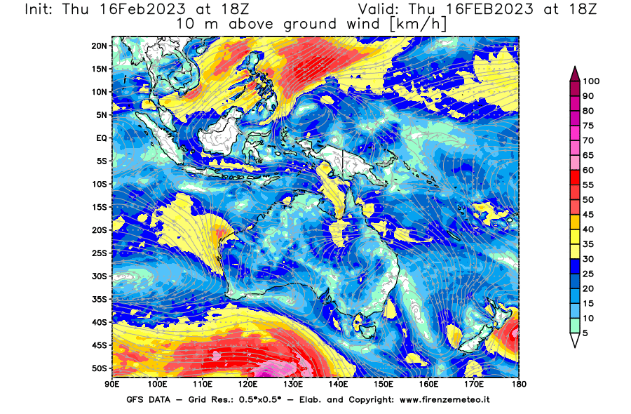 Mappa di analisi GFS - Velocità del vento a 10 metri dal suolo [km/h] in Oceania
							del 16/02/2023 18 <!--googleoff: index-->UTC<!--googleon: index-->