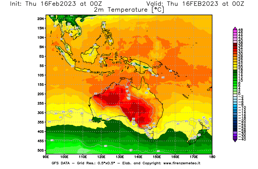 Mappa di analisi GFS - Temperatura a 2 metri dal suolo [°C] in Oceania
							del 16/02/2023 00 <!--googleoff: index-->UTC<!--googleon: index-->