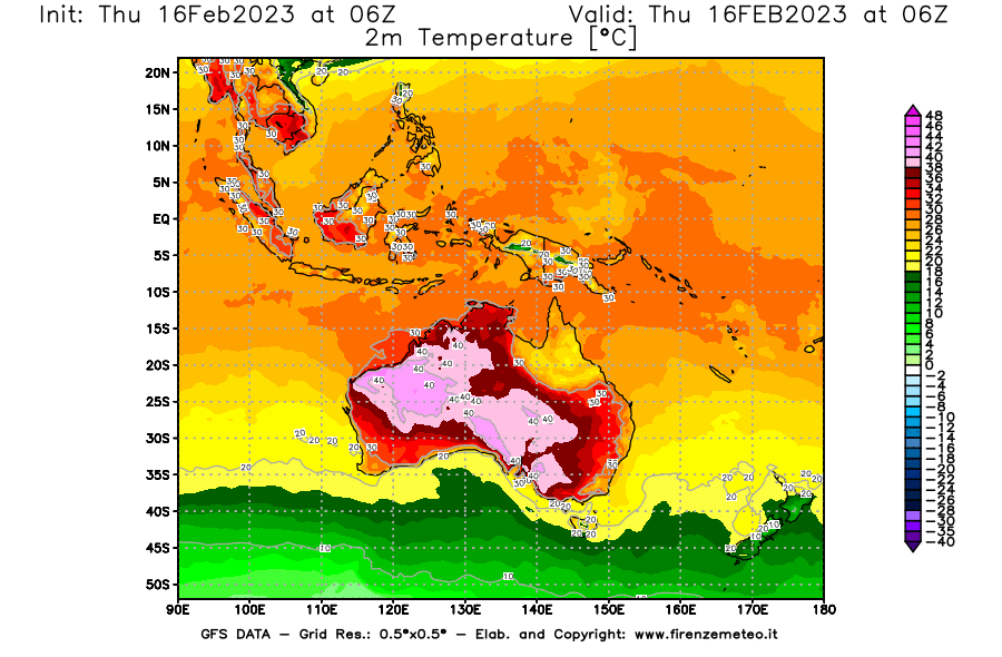 Mappa di analisi GFS - Temperatura a 2 metri dal suolo [°C] in Oceania
							del 16/02/2023 06 <!--googleoff: index-->UTC<!--googleon: index-->