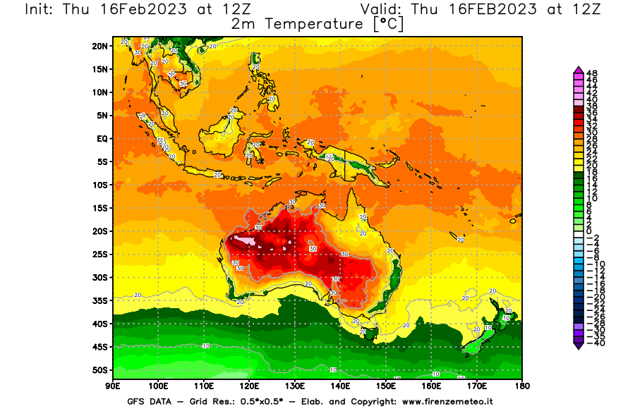 Mappa di analisi GFS - Temperatura a 2 metri dal suolo [°C] in Oceania
							del 16/02/2023 12 <!--googleoff: index-->UTC<!--googleon: index-->