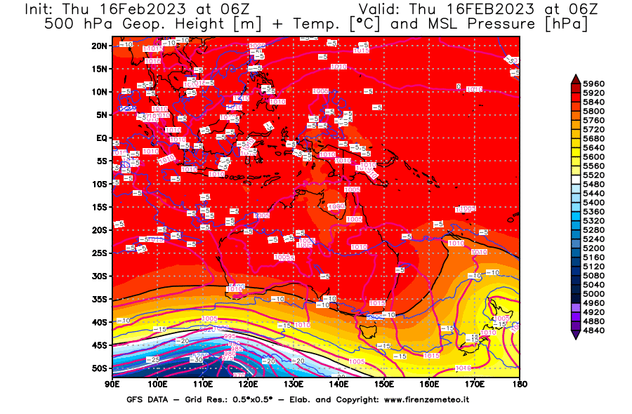 Mappa di analisi GFS - Geopotenziale [m] + Temp. [°C] a 500 hPa + Press. a livello del mare [hPa] in Oceania
							del 16/02/2023 06 <!--googleoff: index-->UTC<!--googleon: index-->