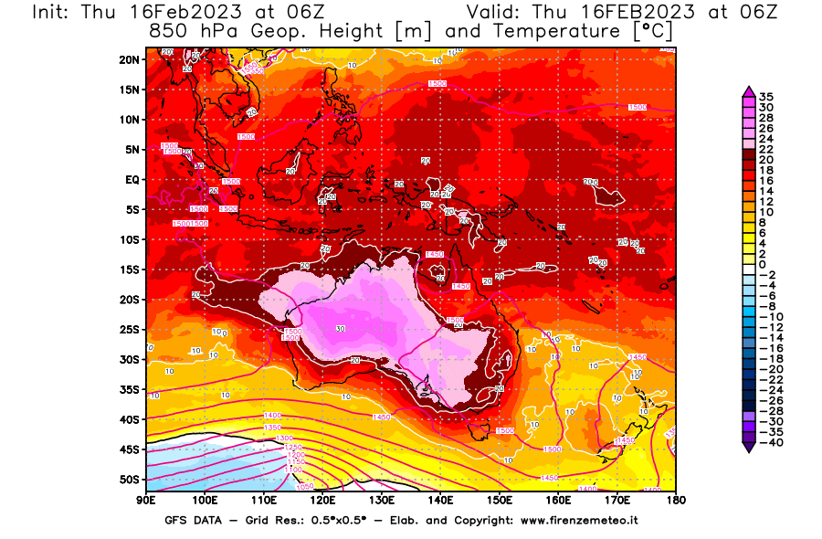 Mappa di analisi GFS - Geopotenziale [m] e Temperatura [°C] a 850 hPa in Oceania
							del 16/02/2023 06 <!--googleoff: index-->UTC<!--googleon: index-->