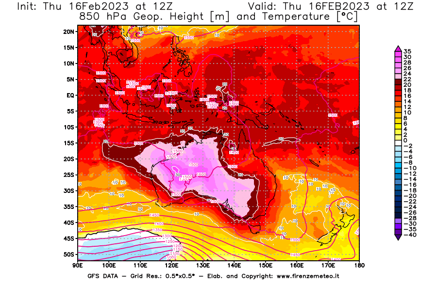 Mappa di analisi GFS - Geopotenziale [m] e Temperatura [°C] a 850 hPa in Oceania
							del 16/02/2023 12 <!--googleoff: index-->UTC<!--googleon: index-->