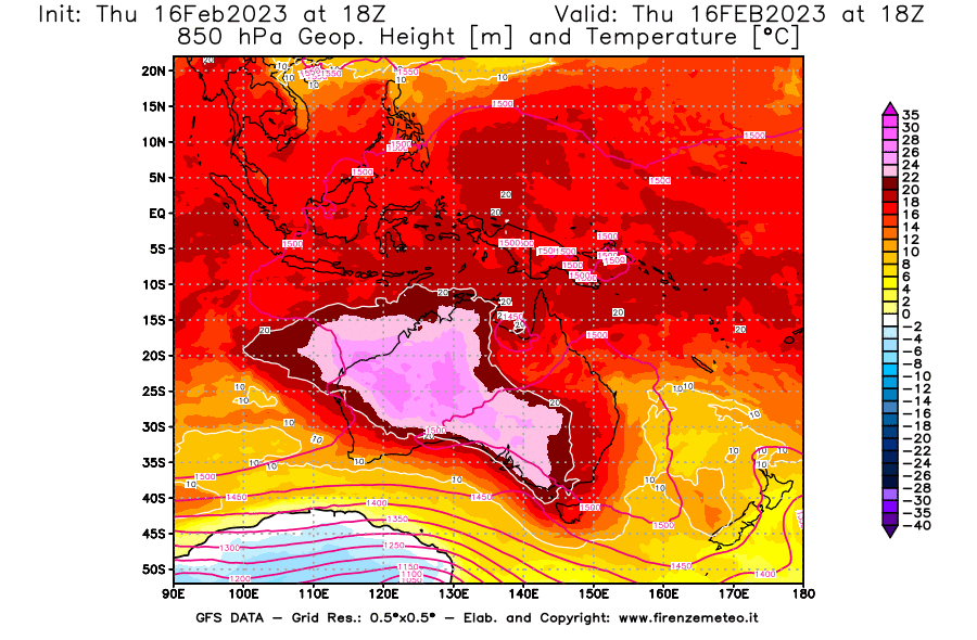 Mappa di analisi GFS - Geopotenziale [m] e Temperatura [°C] a 850 hPa in Oceania
							del 16/02/2023 18 <!--googleoff: index-->UTC<!--googleon: index-->