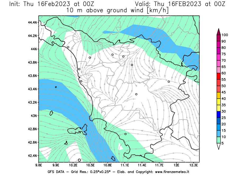 Mappa di analisi GFS - Velocità del vento a 10 metri dal suolo [km/h] in Toscana
							del 16/02/2023 00 <!--googleoff: index-->UTC<!--googleon: index-->