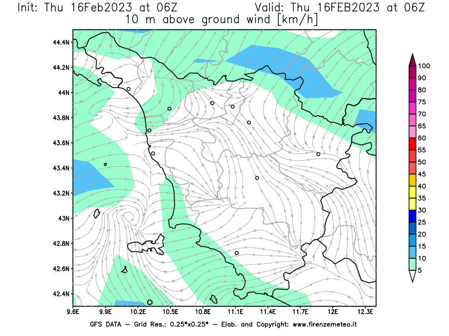 Mappa di analisi GFS - Velocità del vento a 10 metri dal suolo [km/h] in Toscana
							del 16/02/2023 06 <!--googleoff: index-->UTC<!--googleon: index-->