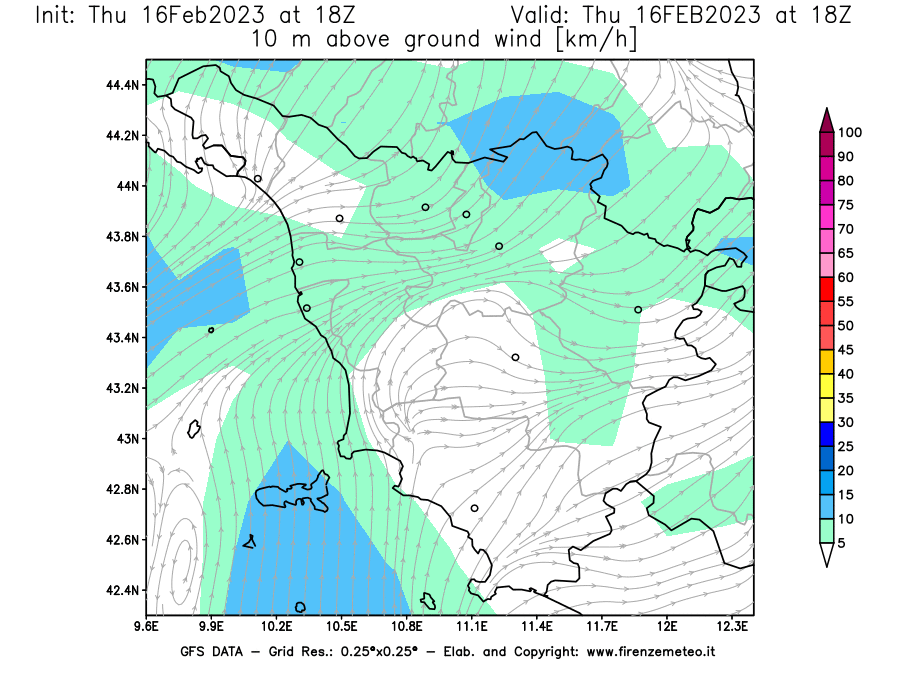 Mappa di analisi GFS - Velocità del vento a 10 metri dal suolo [km/h] in Toscana
							del 16/02/2023 18 <!--googleoff: index-->UTC<!--googleon: index-->
